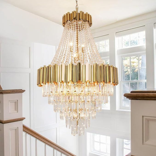 Luxury Crystal Chandelier for High Ceilings, 30" 17-Light Gold Lighting Fixture for Foyer Entryway, Stairway, Open Dining Room