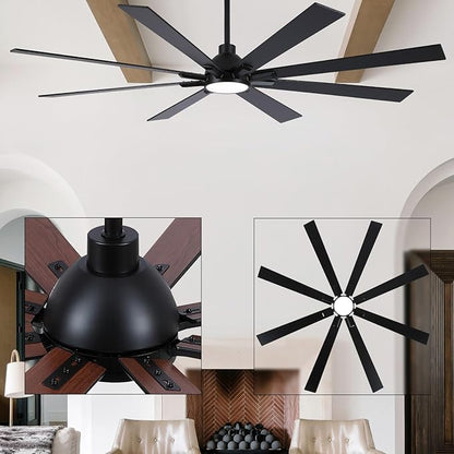 72 Inch Ceiling Fans with Lights and Remote, Black Large Ceiling Fan for Bedroom Living Room Indoor/Outdoor, Quiet 6 Speed Reversible DC Motor, 3CCT, Downrod, Dual Color 8 Blades, ETL Listed