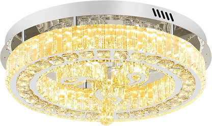 20'' Silver Modern Crystal Chandelier LED Dimmable Flush Mount Crystal Ceiling Light for Living Room Bedroom Dining Room