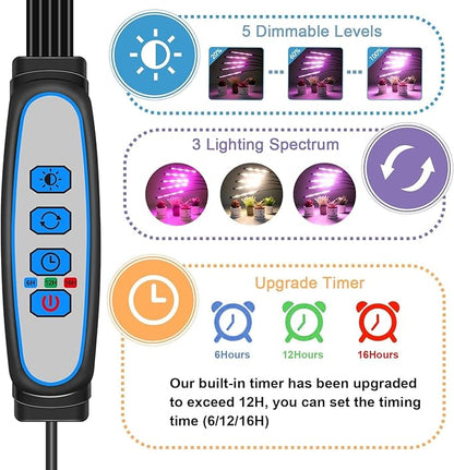 Garpsen LED Grow Light, 5 Head Full Spectrum Plant Light with Gooseneck, 3 Light Modes & 5 Levels Dimmable, 100 LEDs Grow Lamp with 15~63''Adjustable Tripod Stand, for Indoor Plants(2Pack)