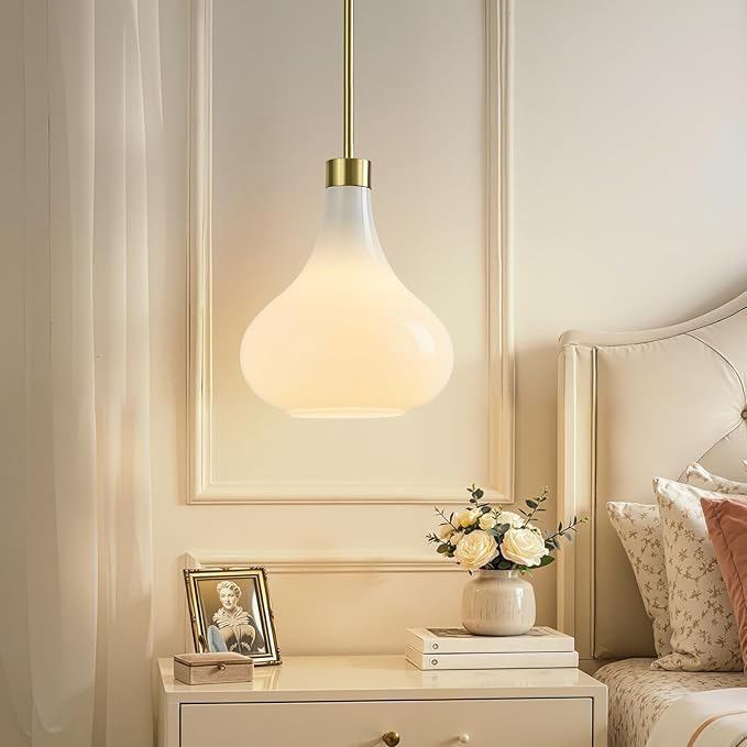 Modern Glass Pendant Light 9.44 in MilkyLuster Glass Shade Gold Farmhouse Island Pendant Lights for Kitchen Pendant Lighting Over Sink Bedroom Dining Room
