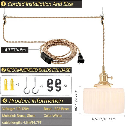 Shenmoyl Plug in Pendant Light Hanging Light Fixtures with Plugin Cord On/Off Switch,White Striped Glass Lampshade Brass Pendant Light