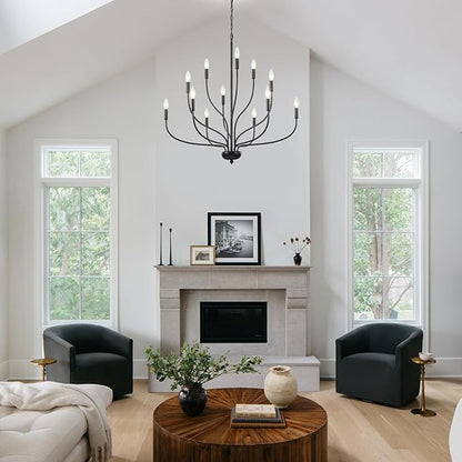 12-Light Black Chandelier for Dining Room, 34 Inch Large Farmhouse Chandeliers for High Ceilings, Foyer Industrial Modern Pendant Light Fixture for Living Room Entryway Hallway Kitchen Island Lights