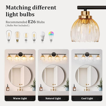 TALOYA Bathroom Vanity Light Fixtures, 4-Light Black and Gold Wall Lights for Mirror with Gradient Amber Tulip Glass Shades, Over Sink Lighting for Bedroom, Living Room, Hallway