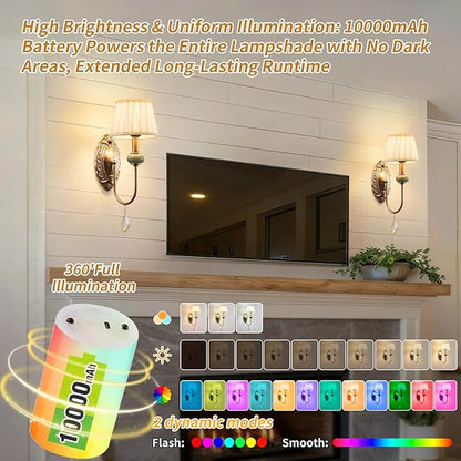 Wireless Battery Operated Antique Brass Wall Sconces Set of 2, 10000mAh Rechargeable Gold Crystal Vintage Fabric Shade Wall Lights with Bulbs & Remotes, RGB Dimmable for Living Room Bedroom Hallway