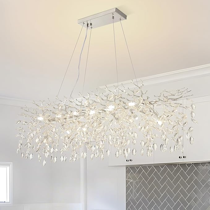 Modern Tree Branch Crystal Chandelier 47.2" Sliver Large Rectangular Pendant Lighting 14-Light K9 Crystal Chandeliers for Dining Room Kitchen Living Room Foyer Entryway (Sliver, L47.2"-Rectangle)