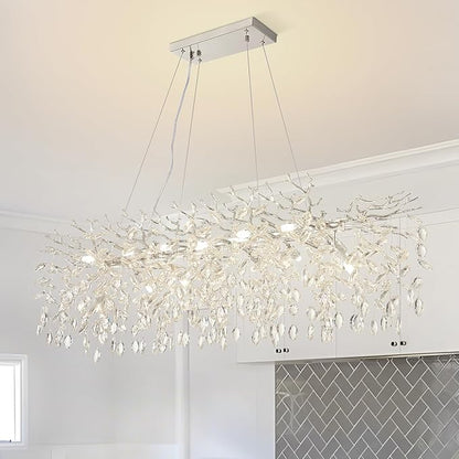 Modern Tree Branch Crystal Chandelier 47.2" Sliver Large Rectangular Pendant Lighting 14-Light K9 Crystal Chandeliers for Dining Room Kitchen Living Room Foyer Entryway (Sliver, L47.2"-Rectangle)