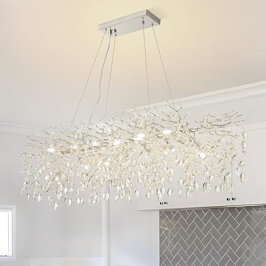 Modern Tree Branch Crystal Chandelier 47.2" Sliver Large Rectangular Pendant Lighting 14-Light K9 Crystal Chandeliers for Dining Room Kitchen Living Room Foyer Entryway (Sliver, L47.2"-Rectangle)