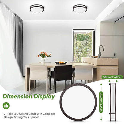 2-Pack 36W LED Ceiling Lights, 12inch Oil-Rubbed Bronze Flush Mount Light Fixtures 3600LM 2700K/3000K/4000K/5000K/6500K Adjustable Ceiling Lights, Modern Dimmable Lighting for Kitchen Hallway Bedroom