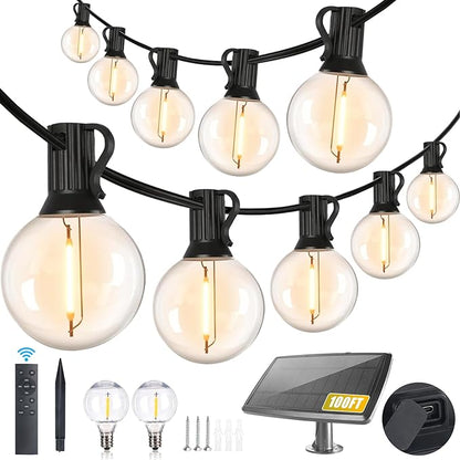 Yusist 100FT Solar String Lights Outdoor Waterproof with Remote, G40 Solar Powered String Lights with 30+2 LED Shatterproof Bulbs, Dimmable Solar Patio Hanging Lights for Outside Backyard Party