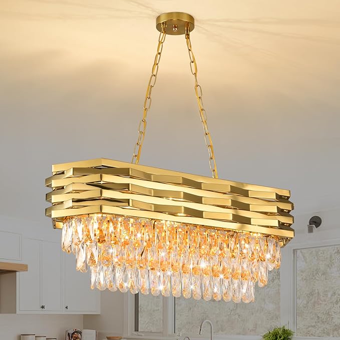 Gold Modern Crystal Chandeliers for Dining Room 8-Light Gold Chandelier Living Room Dining Room Chandelier Oval Ceiling Hanging Light Pendant Light Fixture for Kitchen Island Bar L32 inch