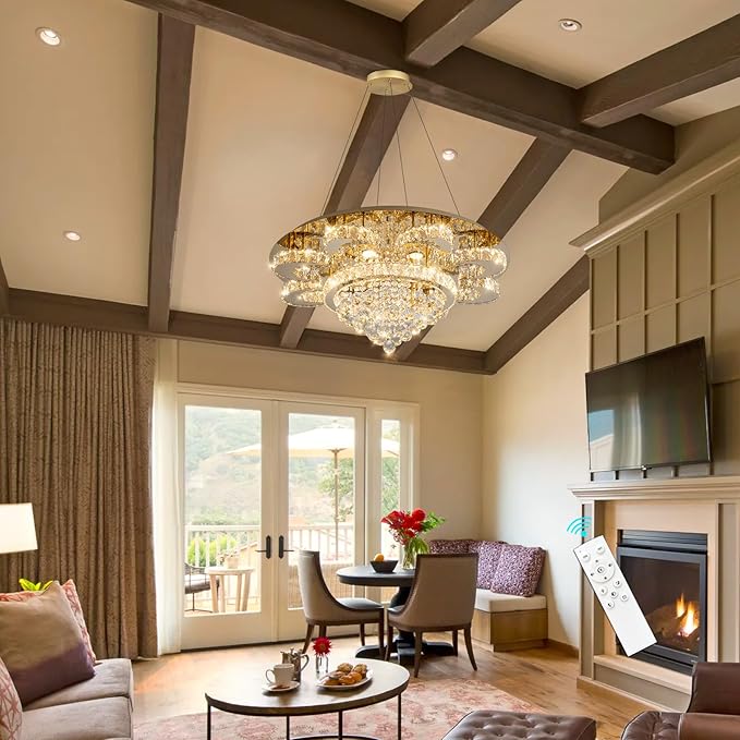 HAIXIANG Modern Chandelier Living Room Glam Chandeliers Ceiling Light Fixture Remote Dimmable Lights 32 Inches Luxury Crystal Gold Light