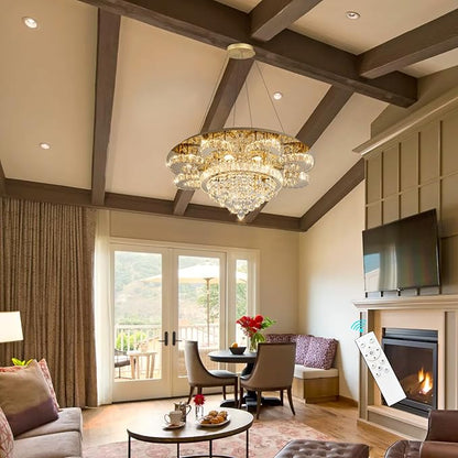 HAIXIANG Modern Chandelier Living Room Glam Chandeliers Ceiling Light Fixture Remote Dimmable Lights 32 Inches Luxury Crystal Gold Light