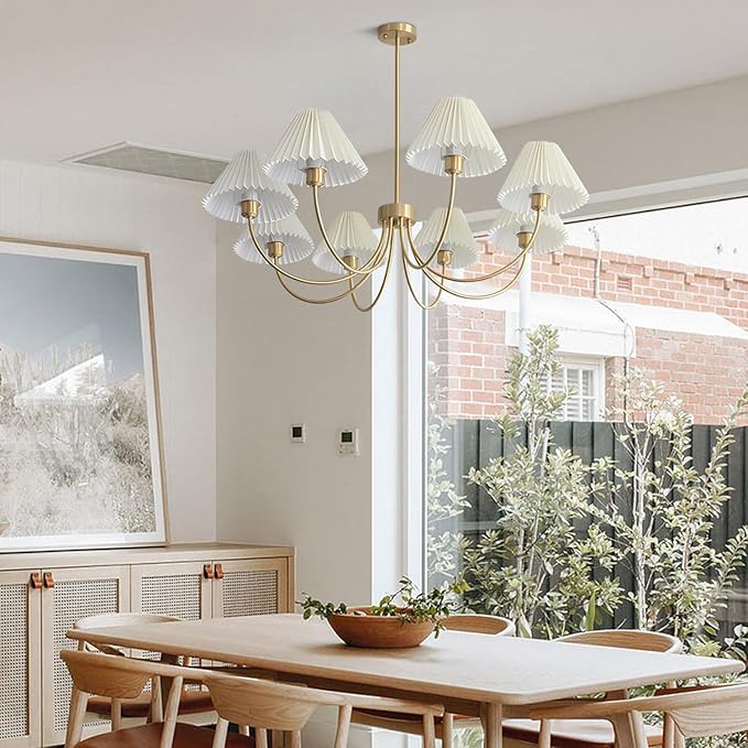 KCO Lighting Brushed Brass Sputnik Chandelier Gold Metal Chandelier with White Pleated Fabric Shades 8-Lights Ceiling Chandelier Light Fixture Mid Century Modern Chandelier