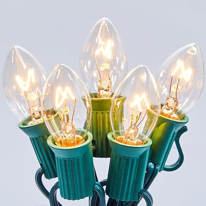 Brightown 50FT C7 String Lights Outdoor UL Listed Vintage Hanging C7 Christmas Lights for Christmas Tree Garden Patio Backyard Cafe Party Room Xmas Decoration, Green Wire, 50 + 2 Spare Bulbs