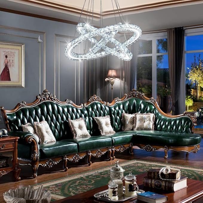 LED Chandeliers Modern Ceiling Light Fixture 3 Rings Adjustable Crystal Pendant Light Fixture Ceiling Hanging for Living Room Dining Room Bedrooms Hall 250mm Base 209 Crystals (Cool White)