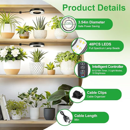 Full Spectrum Grow Light for Indoor Plants, Warm White 2 Head Black Angel Ring Ceiling and Under Cabinet Plant Lamp with 6/12/16H Timer, 10 Dimmable Levels and 3 Modes