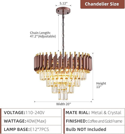 Modern Crystal Chandeliers 4-Tier K9 20" Round Coffee and Gold Crystal Chandelier Light Fixture 7 Lights Hanging Pendant Ceiling Light Fixture for Dining Room Living Room Entryway Foyer