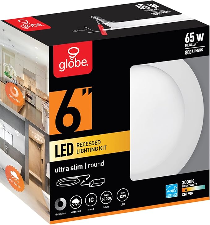 GLOBE Electric 90933 6" Ultra Slim LED Integrated Recessed Lighting Kit, 12 Watts, Energy Star, IC and Wet Rated, White Finish, 6.31" Hole Size, Dimmer Switch Compatible, 800 Lumens, 3000K