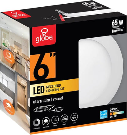 GLOBE Electric 90933 6" Ultra Slim LED Integrated Recessed Lighting Kit, 12 Watts, Energy Star, IC and Wet Rated, White Finish, 6.31" Hole Size, Dimmer Switch Compatible, 800 Lumens, 3000K