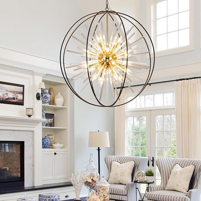 Vezzio 35" Black and Gold Chandelier for Entry Chandeliers for High Ceilings Large Globe Crystal Pendant Lights for Entryway Foyer Stairway Hallway Dining Room Living Room