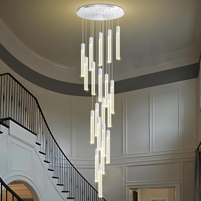 Large 20-Light Silver Crystal Chandelier, Modern Dimmable LED Height Adjustable Pendant Light, Luxury Hanging Fixture for High Ceilings, Foyer, Staircase, Hotel Lobby