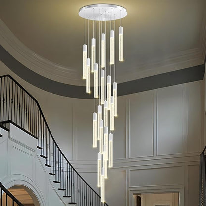 Large 20-Light Silver Crystal Chandelier, Modern Dimmable LED Height Adjustable Pendant Light, Luxury Hanging Fixture for High Ceilings, Foyer, Staircase, Hotel Lobby