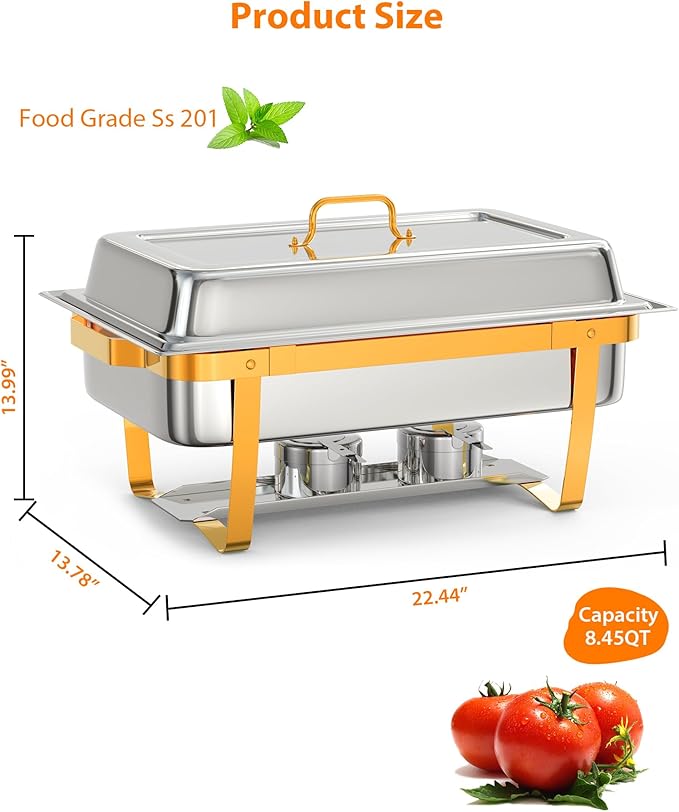 4 Pack Chafing Dishes for Buffet, Stainless Steel Catering Chafer with Lids, Pans & Fuel Holder, 8QT Food Warmers for Parties Buffet, Buffet Servers and Warmers for Parties, Events, Weddings, Gold