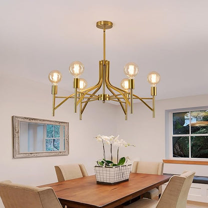 ASGYISA Modern Brass Gold Chandelier Light Fixture 6 Light Vintage Dining Room Light Fixture for Farmhouse Bedroom, Kitchen Foyer Entryway and Living Room