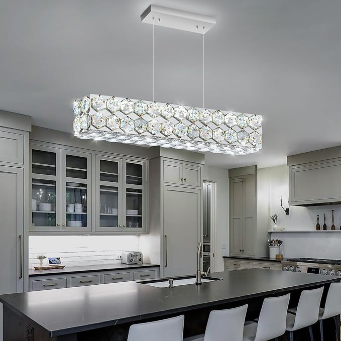 24'' Modern Crystal Chandelier for Dining Room Ceiling Light Fixture for Living Room Hallway Lighting LED Dimmable with Remote Silver