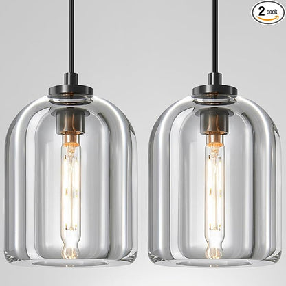 Crystal Pendant Light Kitchen Island: 2 Pack Black K9 Crystals Lights - 5.1" Dimmable Contemporary Cylinder Light above Dining Table - Modern Ceiling Hanging Lighting for Bedroom E12 Bulbs Included