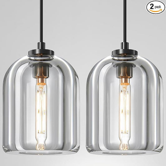 Crystal Pendant Light Kitchen Island: 2 Pack Black K9 Crystals Lights - 5.1" Dimmable Contemporary Cylinder Light above Dining Table - Modern Ceiling Hanging Lighting for Bedroom E12 Bulbs Included