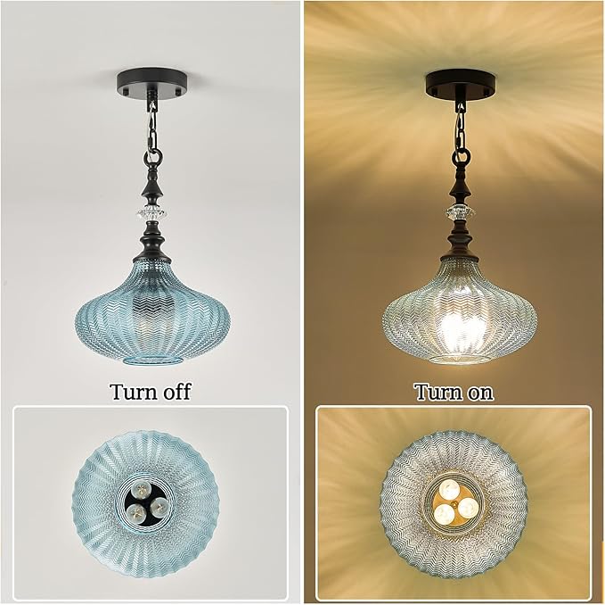 3-Light Chandelier,Black Farmhouse Pendant Light Fixture for Kitchen,Adjustable Hanging Lighting with Blue Glass Shade for Hallway Bedroom Entryway Dining Room Island
