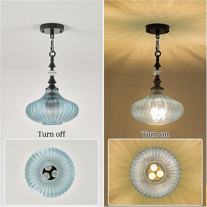 3-Light Chandelier,Black Farmhouse Pendant Light Fixture for Kitchen,Adjustable Hanging Lighting with Blue Glass Shade for Hallway Bedroom Entryway Dining Room Island