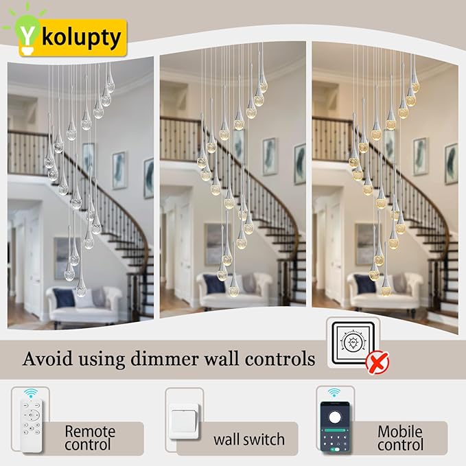 ykolupty Modern Crystal Chandeliers LED Dimmable Stairwell Chandelier Silver Teardrop Chandelier Large Pendant Light for Entryway Foyer Living Room