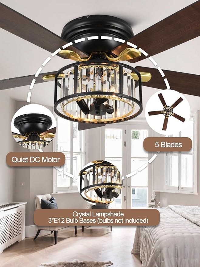 52" Flush Mount Crystal Ceiling Fan with Lights and Remote, Rustic Chandelier Ceiling Fan Low Profile Farmhouse Fandelier Light for Bedroom Living Room Kitchen, 3 E12 Bulbs (Not Included)