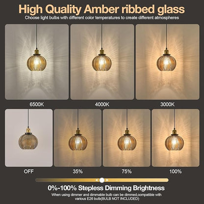 7.8in Vintage Pendant Light 1- Light Kitchen Sink Pendant Lights with Amber Hand Blown Glass Small Hanging Lamp for Kitchen Island Dining Room Bedroom Bathroom Hallway E26