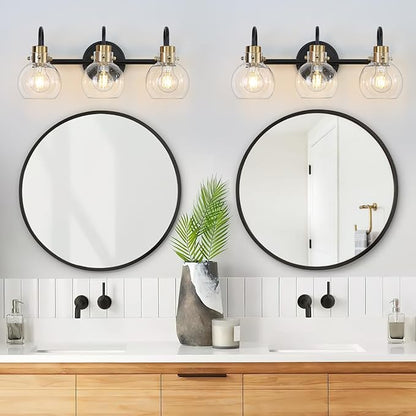 3 Lights Bathroom Light, Black Gold Vanity Light Fixture, Wall Sconces with Globe Clear Glass Shade, Farmhouse Wall Mount Lamp for Mirror, Kitchen, Porch, Living Room, Workshop