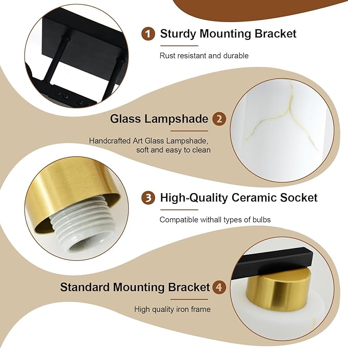 5-Light Bathroom Light Fixtures, Modern Vanity Lights, Black and Gold Metal Wall Lamp with White Marble Glass for Bathroom, Mirror, Living Room, Bedroom, Cabinet, Porch, Hallway, E26 Base
