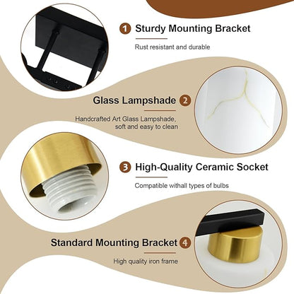 4-Light Bathroom Light Fixtures, Modern Vanity Lights, Black and Gold Metal Wall Lamp with White Marble Glass for Bathroom, Mirror, Living Room, Bedroom, Cabinet, Porch, Hallway, E26 Base