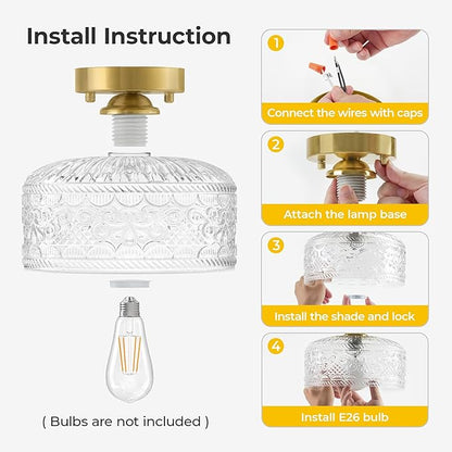 Semi Flush Mount Ceiling Light Gold, Upgraded Larger Vintage Glass Pendant Lamp Shade, Modern Farmhouse Light Fixture for Hallway Corridor Kitchen Entryway Bedroom, Bulb Not Included
