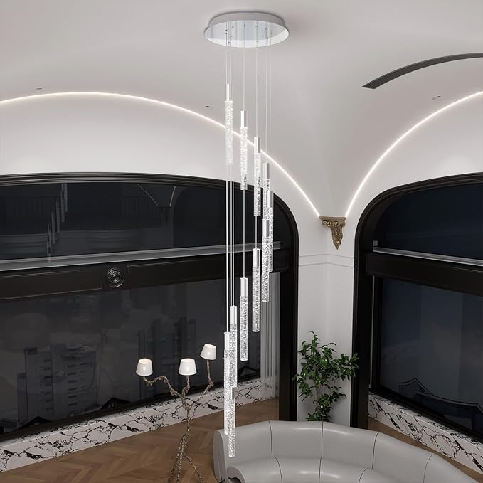 Luxury 12 Light Modern Crystal Pendant Light - 118" High Ceiling Silver LED Dimmable Pendant Light for Bedside Island Kitchen Living Room