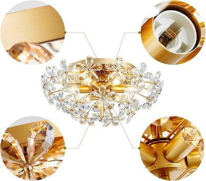 Modern K9 Crystal Chandeliers, Chic Style Close to Ceiling Light Fixture for Living Room, Bedroom, Dining Room, D18 x H8 in, Champagne Flower Crystal & Gold Finish Frame