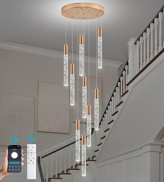 Modern High Ceiling Crystal Chandelier 9-Lights, Gold Spiral LED Raindrop Foyer Pendant Lighting, Bubble Staircase Living Room Hanging Light Fixture Flush Mount