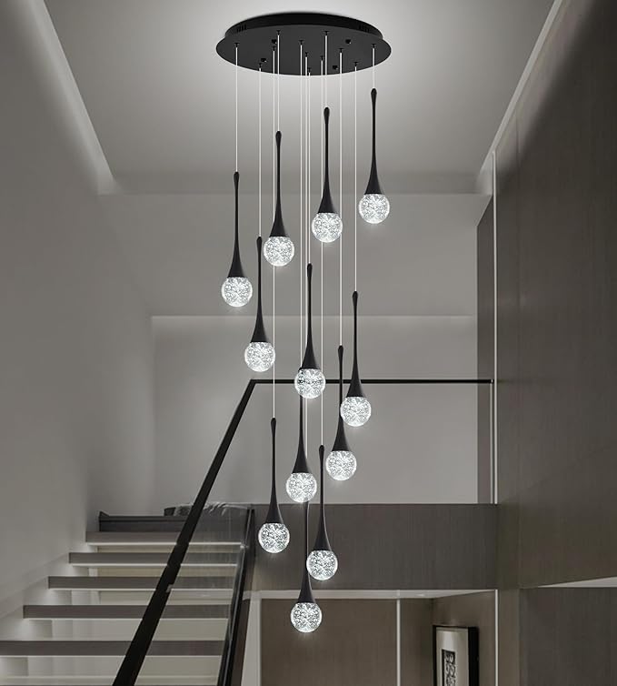 Modern Black Crystal Chandelier for High Ceiling 12-Lights, 120 Inches Luxury Spiral Dimmable LED Bubble Raindrop Pendant Lighting Fixture for Staircase Foyer Entryway Living Room