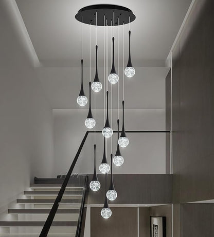 Modern Black Crystal Chandelier for High Ceiling 12-Lights, 120 Inches Luxury Spiral Dimmable LED Bubble Raindrop Pendant Lighting Fixture for Staircase Foyer Entryway Living Room