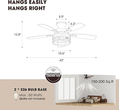 42 Inch Flush Mount Ceiling Fans with Lights and Remote Control, Farmhouse Ceiling Fan with LED Lighting for Bedroom Living Room and Patio, Black Caged Ceiling Fan for Indoor and Outdoor(NO Bulbs)
