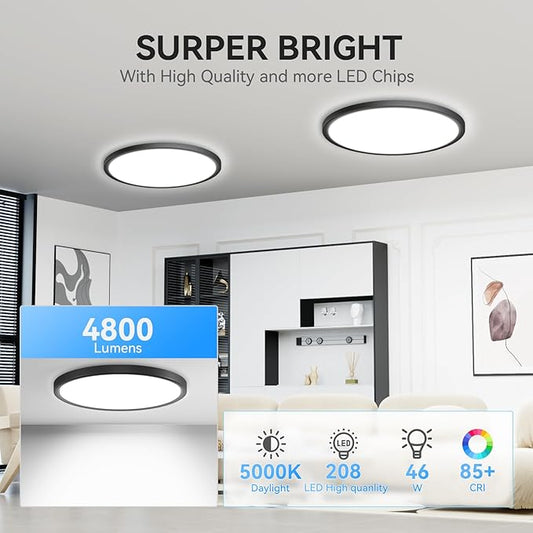 WKONCLDY 4700lm LED Flush Mount Ceiling Light, Super Slim 16 inch LED Ceiling Light, 5000K LED Ceiling Light for Bedroom, Living Room, Dining Room (Black, Four Pack)