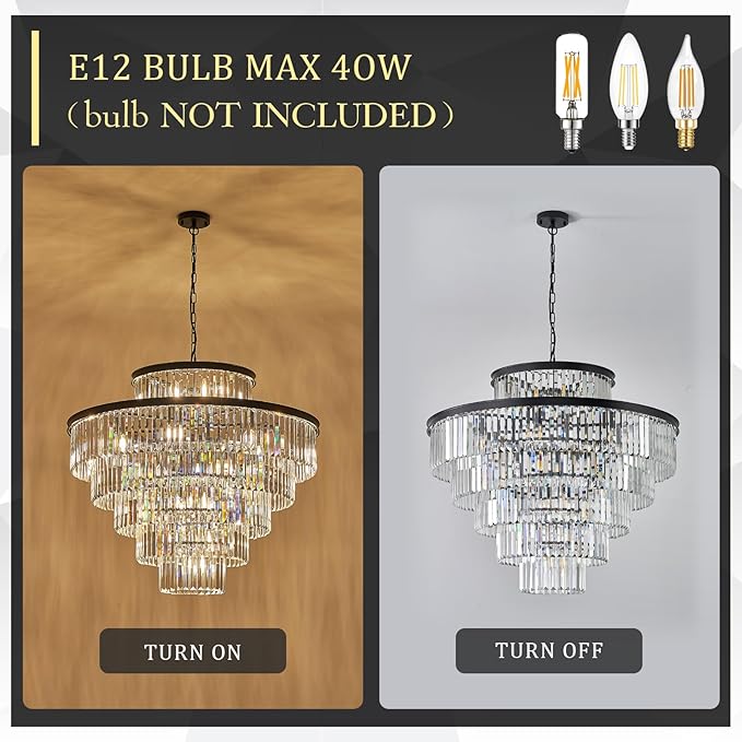 CATINER Large Crystal Chandeliers 23 Lights 36" Modern Black Luxury Chandelier for Foyer Staircase Chandeliers 6 Tiers Round K9 Ceiling Pendant Lighting Fixture for Living Dining Room