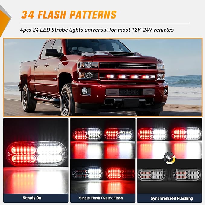 Nilight 4PCS 24LED Emergency Strobe lights 12V 24V Red White Surface Mount Grille Hazard Safety Warning Light Sync Feature Side Flashing Marker Flash for Car Truck Campers